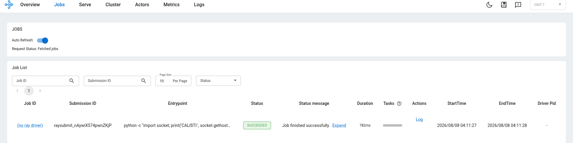 The unauthenticated Ray job reporting success from the dashboard pod